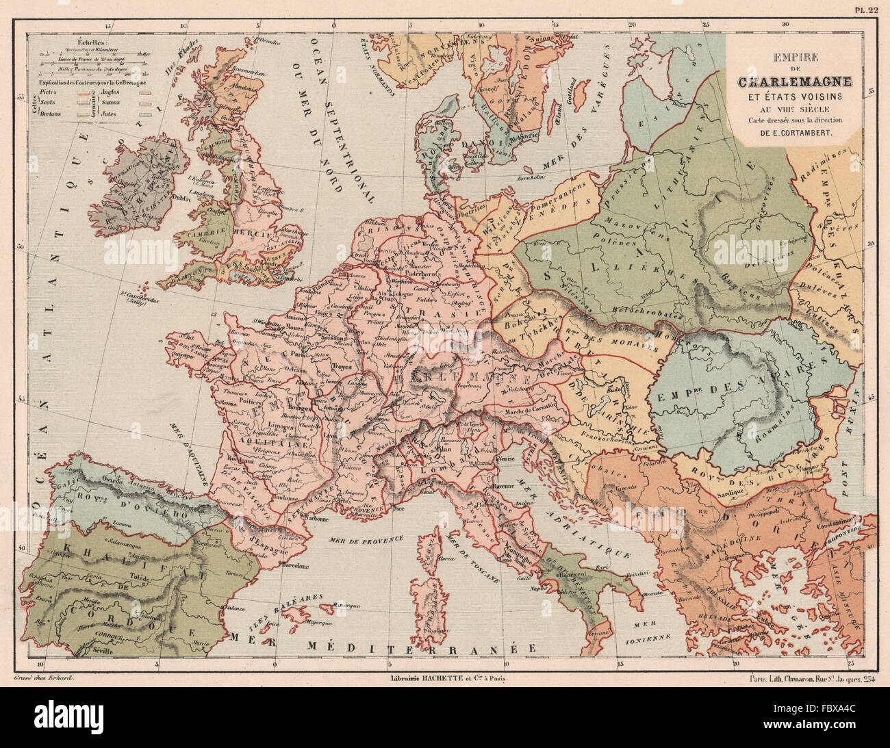8TH secolo in Europa. Impero carolingio. Impero di Carlo Magno, 1880 mappa  vecchia Foto stock - Alamy