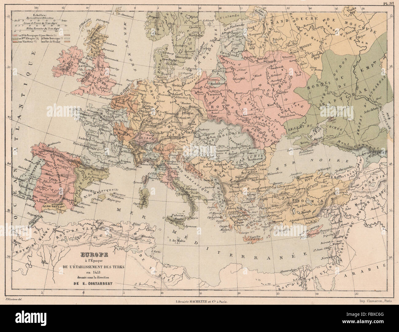 1453 L'Europa sulla creazione dell'Impero Ottomano.Emirato di Grenada 1880 mappa Foto Stock