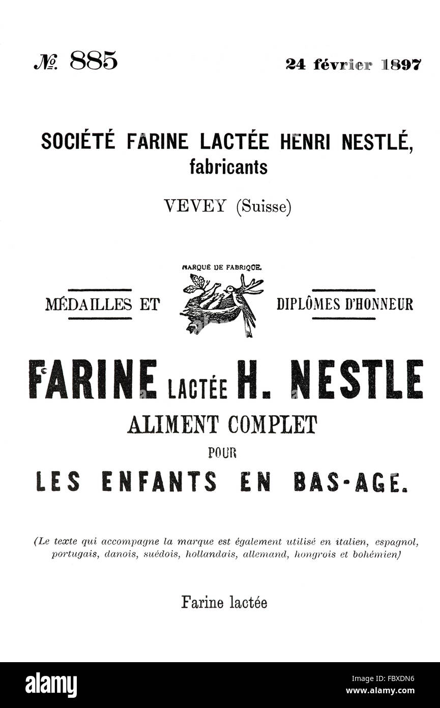 Storico marchio Nestlé per il latte in polvere Nestlé 1897 Foto Stock