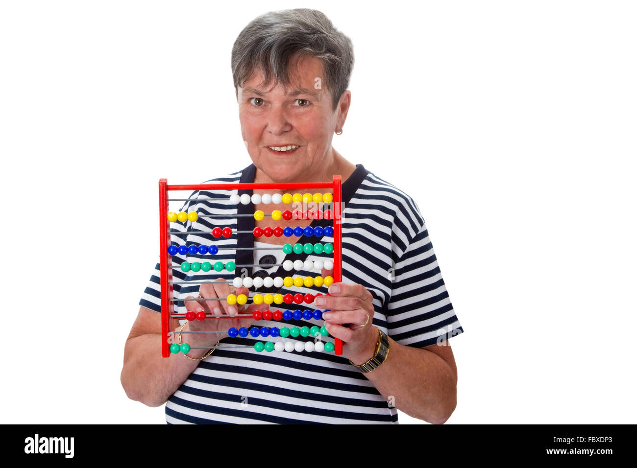 Senior donna calcolo con abacus Foto Stock