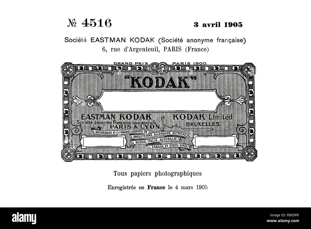 Storico marchio per Kodak photo paper, Eastman Kodak 1905 Foto Stock