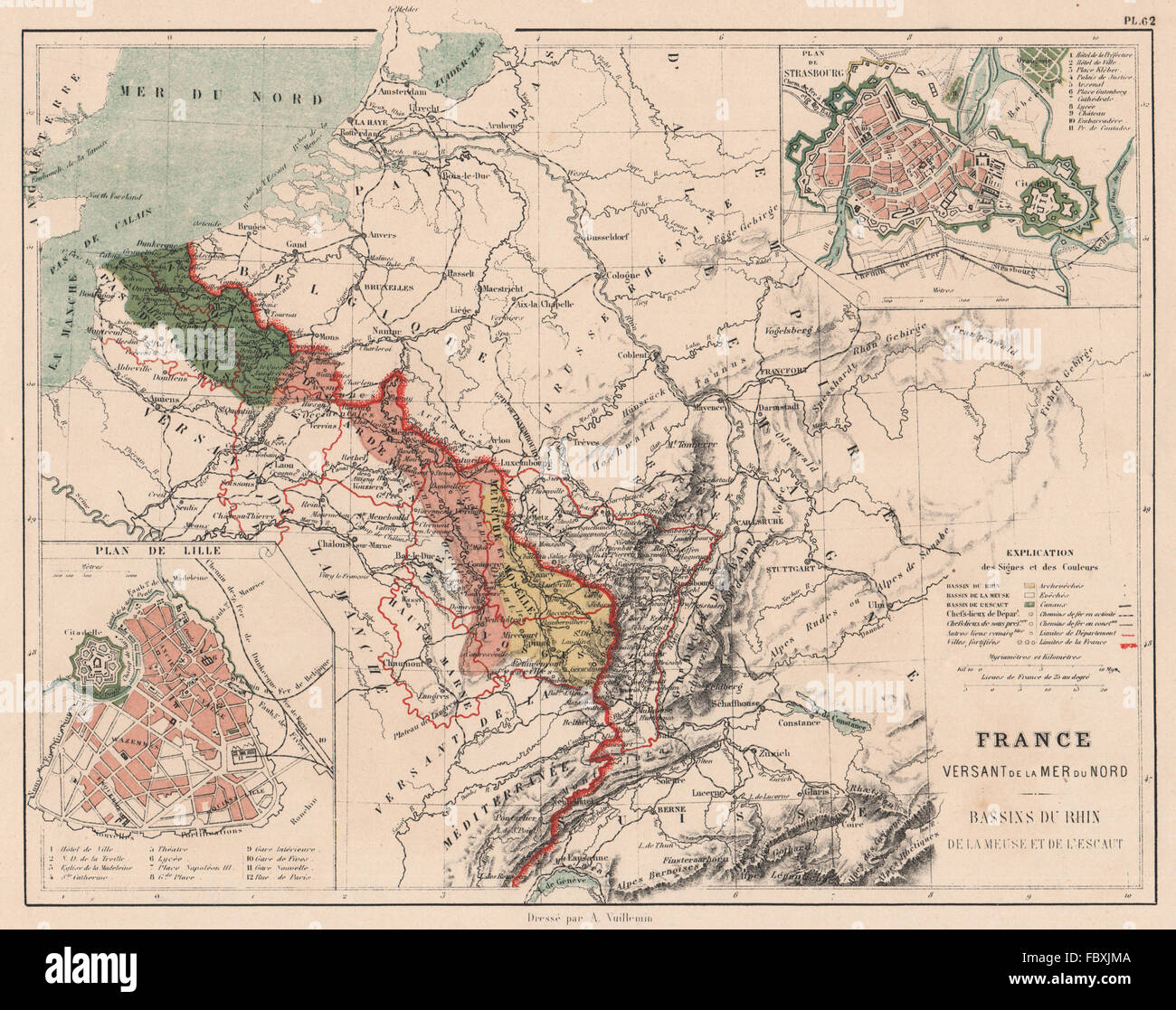 Francia MARE DEL NORD MER DU NORD Reno spartiacque Mosa Escaut/bacino del fiume Schelda 1880 mappa Foto Stock