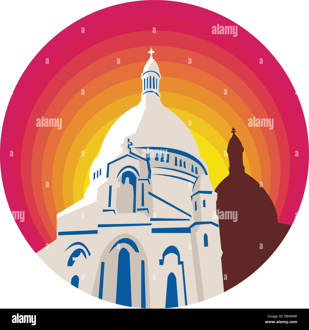 WPA illustrazione dello stile di una chiesa cattolica la cattedrale del Duomo insieme all'interno del cerchio fatto in stile retrò. Illustrazione Vettoriale