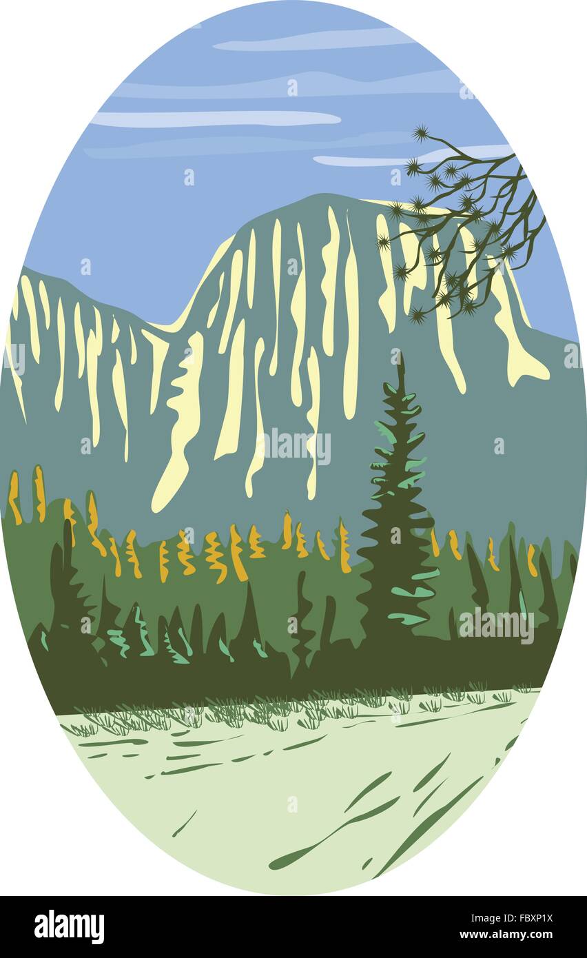 WPA illustrazione dello stile di El Capitan un monolito di granito verticale e formazione di roccia nel Parco Nazionale di Yosemite, situato sul lato nord della valle di Yosemite, in prossimità della sua estremità occidentale insieme all'interno di forma ovale fatto in stile retrò. Illustrazione Vettoriale
