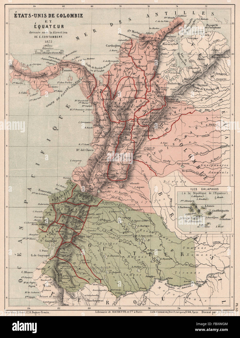 Stati Uniti di Colombia ed Ecuador. Inset Isole Galapagos, 1880 Mappa antichi Foto Stock