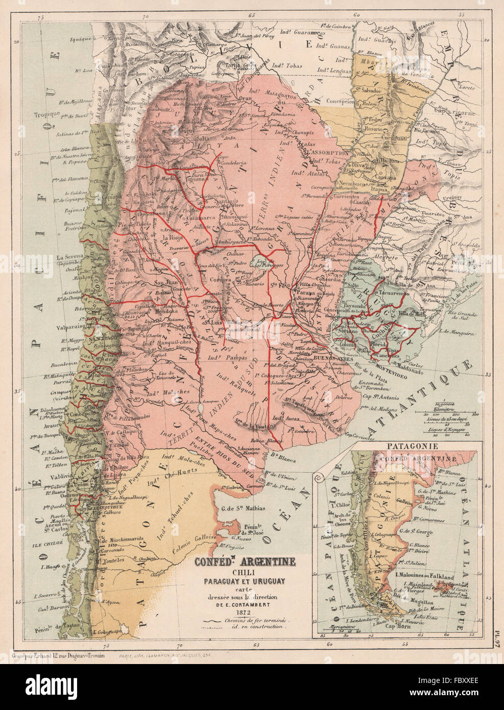 Sud America. Argentina Chile Paraguay Uruguay Patagonia. CORTAMBERT, 1880 Mappa Foto Stock
