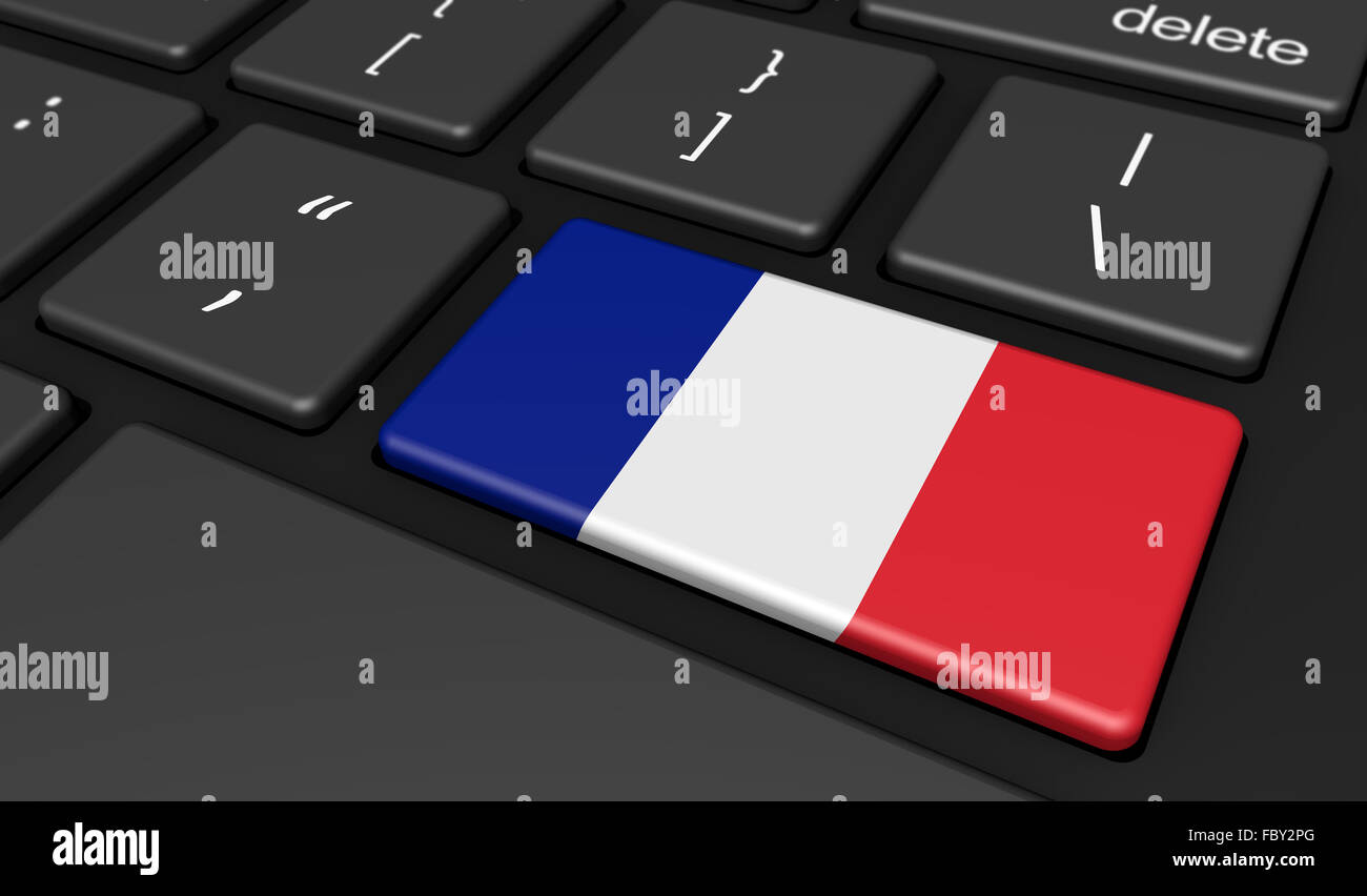 Francia la digitalizzazione e l'uso delle tecnologie digitali concetto con la bandiera francese su una chiave del computer. Foto Stock