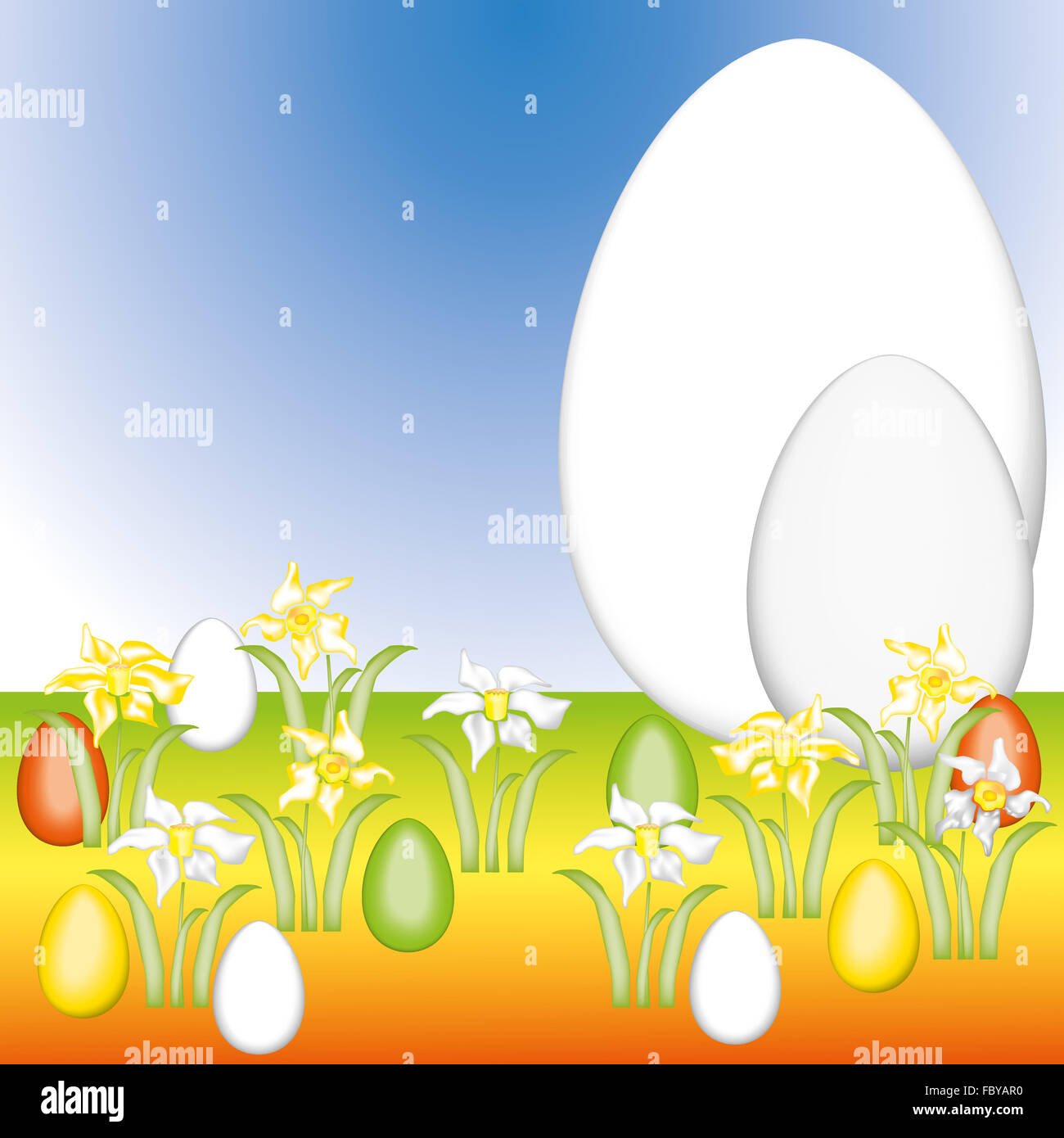 Le uova di pasqua di sfondo con narcisi Foto Stock