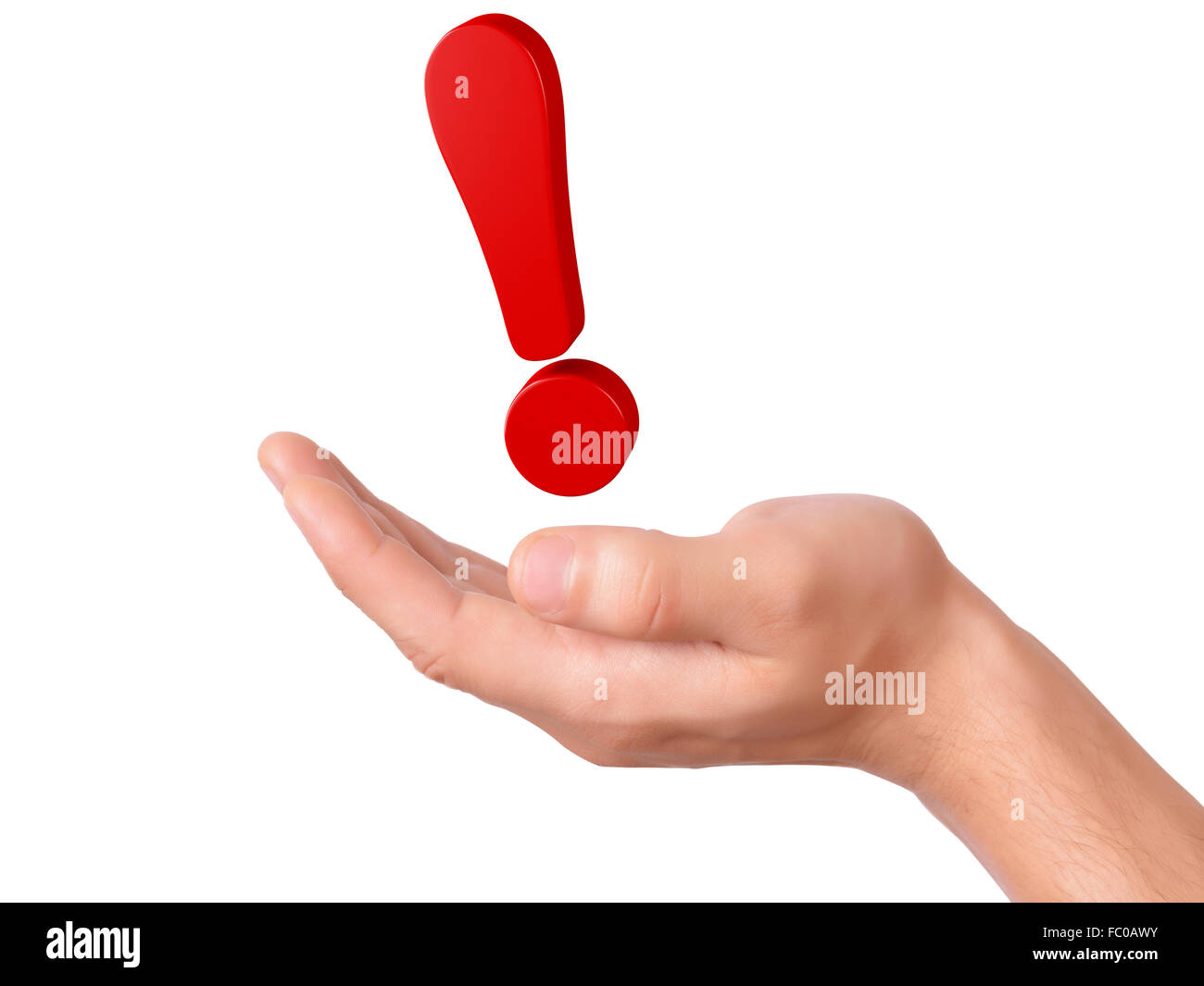 Tenere in mano punto esclamativo rosso su sfondo bianco Foto Stock