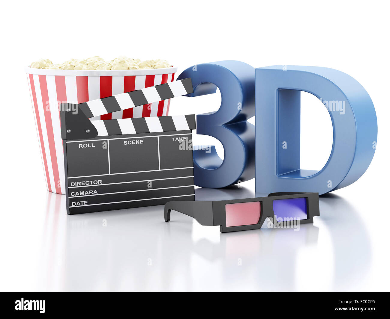 Cinema battaglio, popcorn e occhiali 3d. 3d illustr Foto Stock