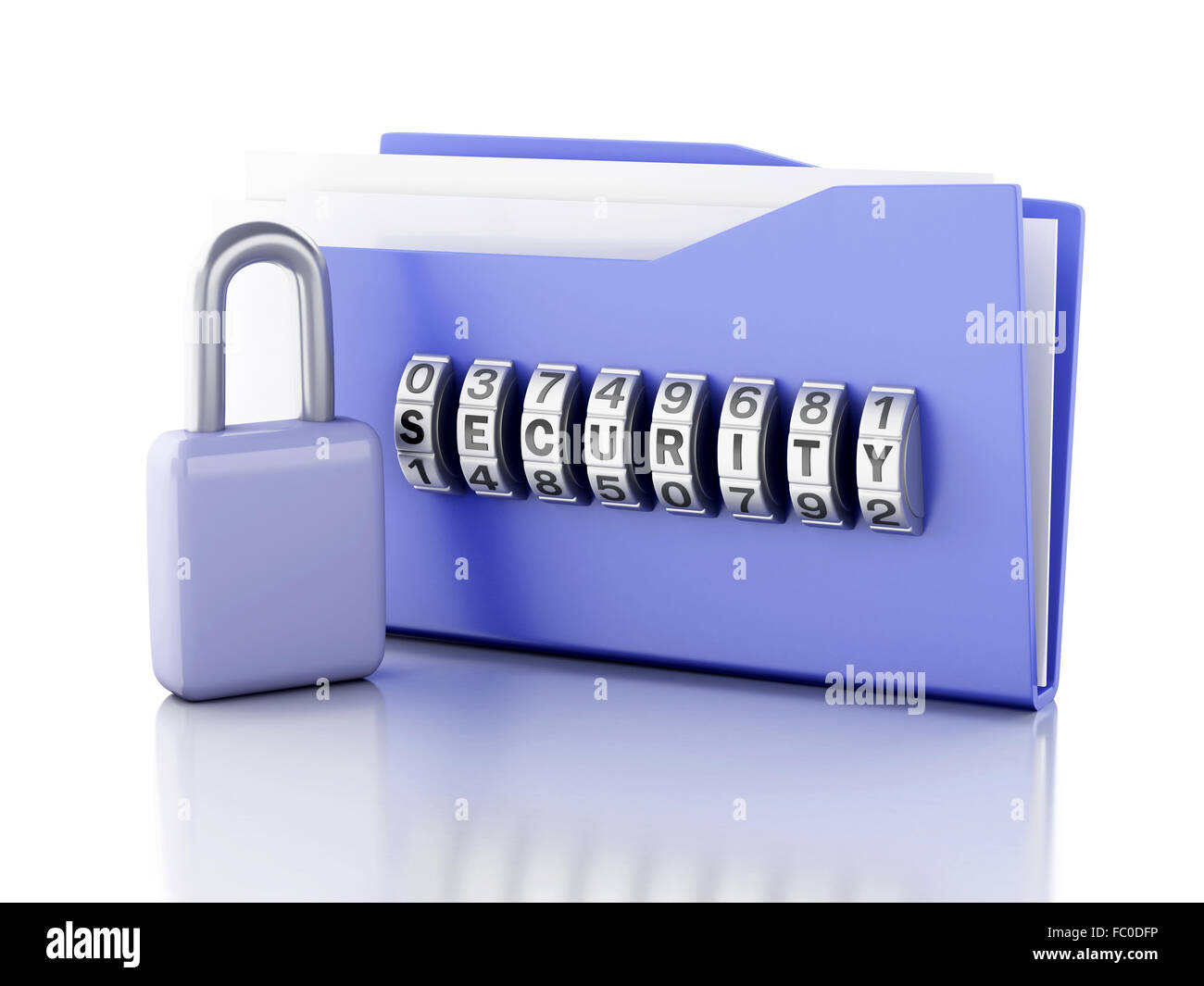 Cartella e serratura. Sicurezza dei dati concetto. 3d illustr Foto Stock