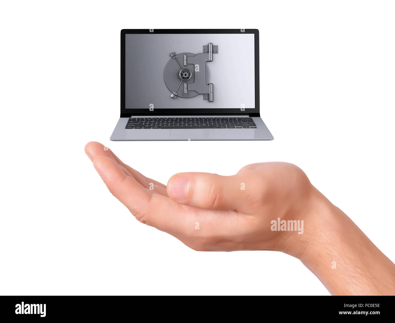 Tenere in mano la sicurezza laptop. Sicurezza dei dati concetto. Foto Stock