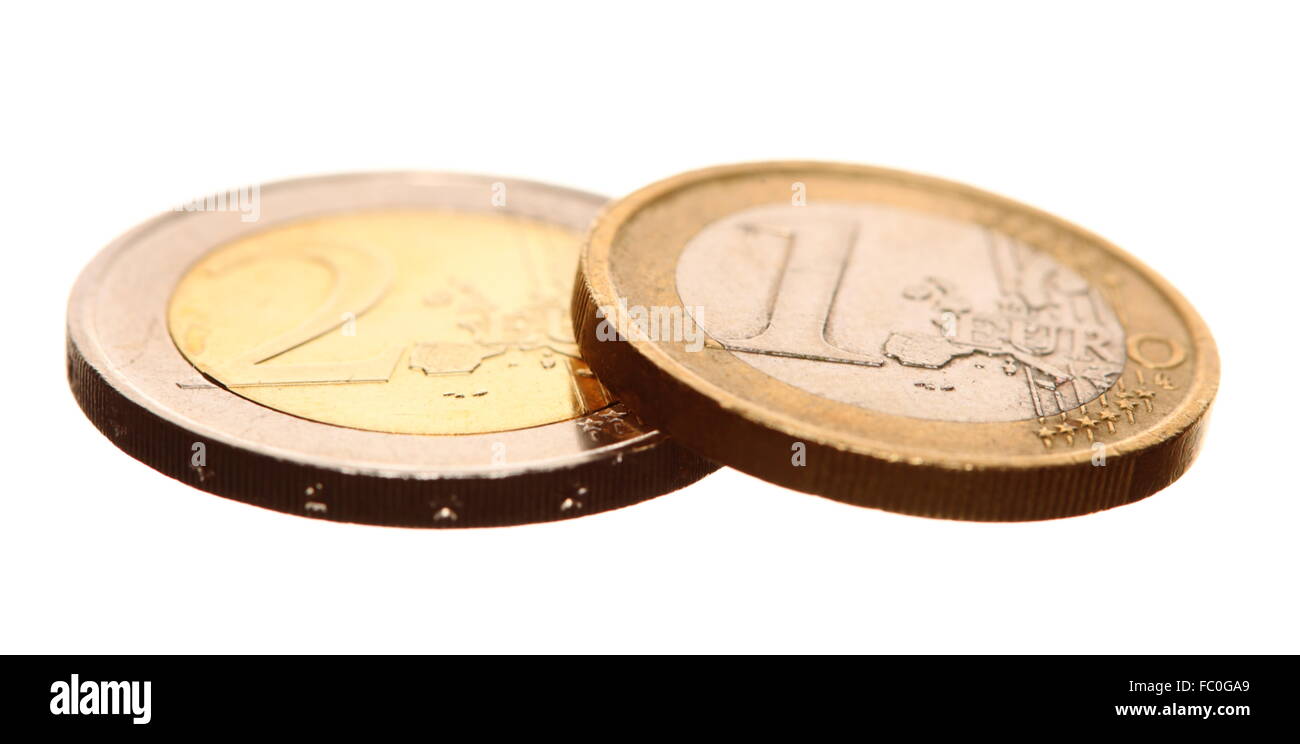 Valuta europea Euro monete denaro su bianco Foto Stock