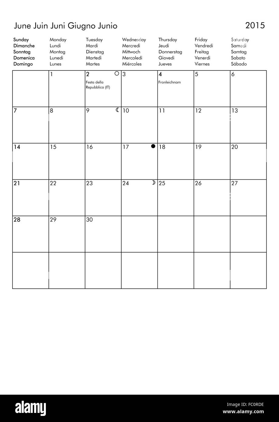 Calendario 2015 - giugno Foto Stock