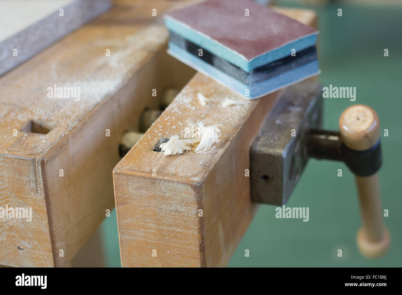 Vecchia morsa in legno - close up Foto Stock