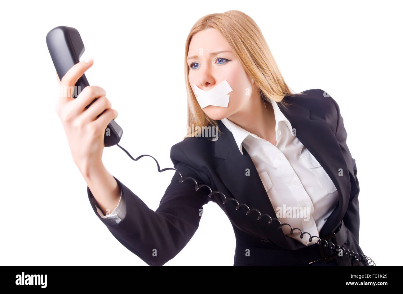 Donna con la sua bocca sigillata isolato su bianco Foto Stock