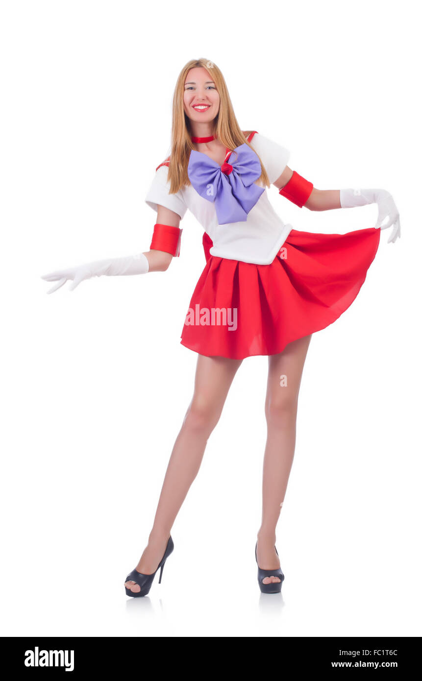 Una ragazza in Sailor Moon suit isolato su bianco Foto Stock