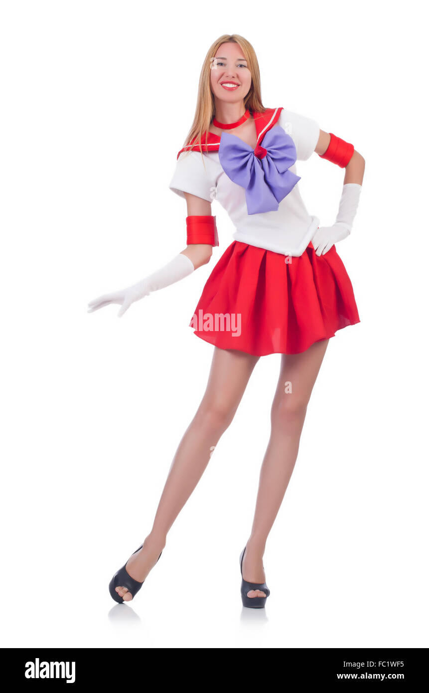 Una ragazza in Sailor Moon suit isolato su bianco Foto Stock