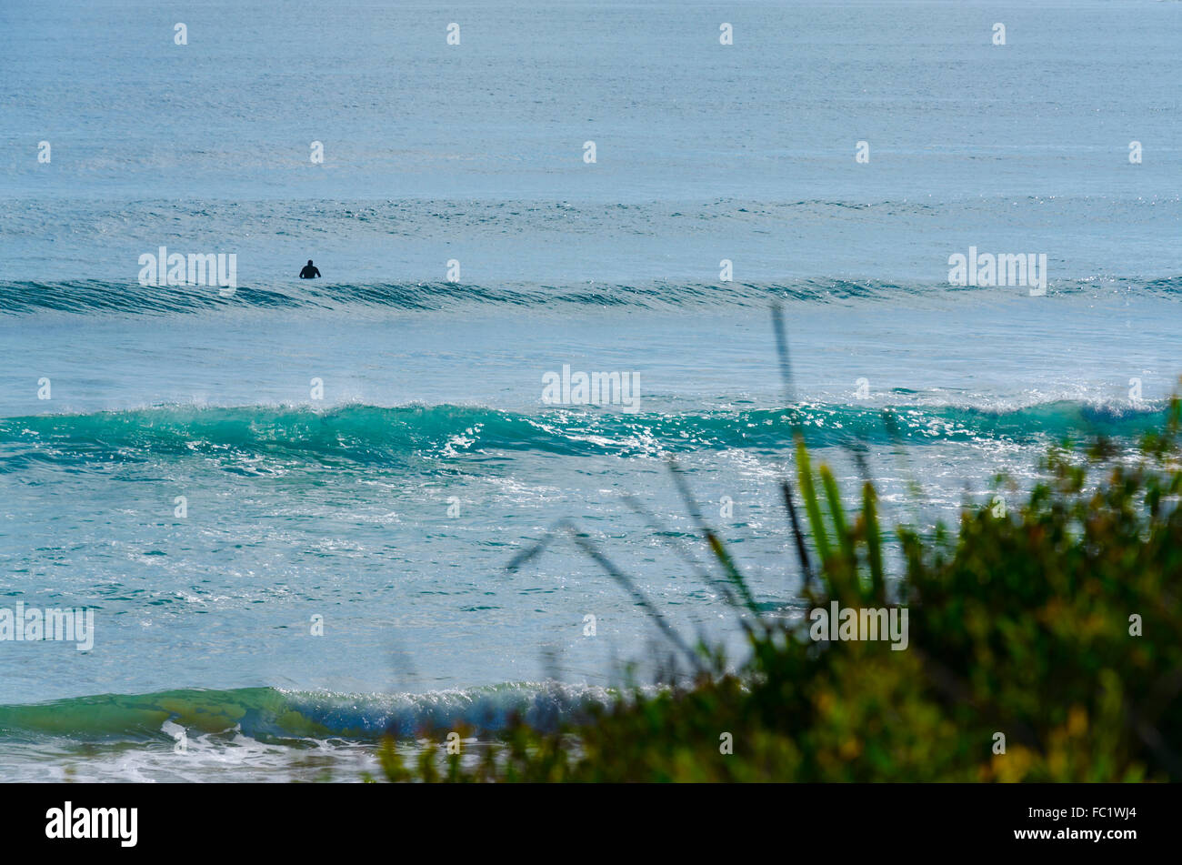 Un surfista solista siede sul retro del surf aspettando pazientemente per una buona corsa sul nuovo Galles del Sud, Costa Sud dell'Australia Foto Stock