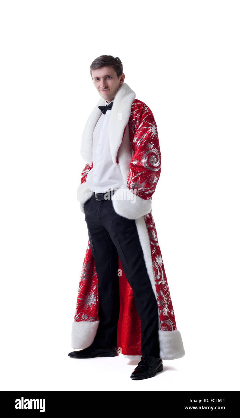 Uomo elegante in posa di cappotto di Babbo Natale Foto Stock