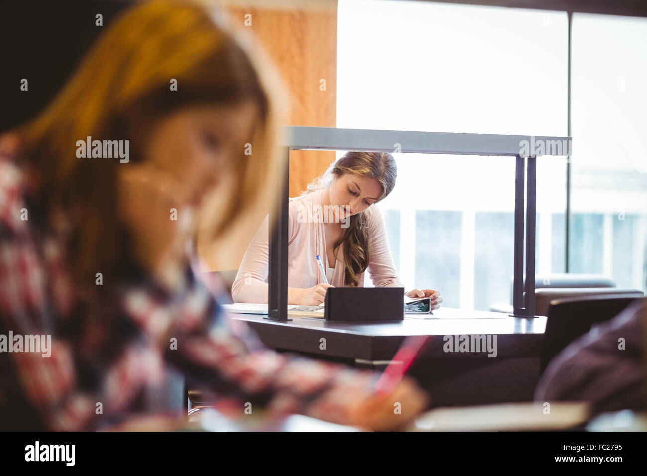 Focalizzato studente seduto accanto alla finestra prendendo appunti Foto Stock
