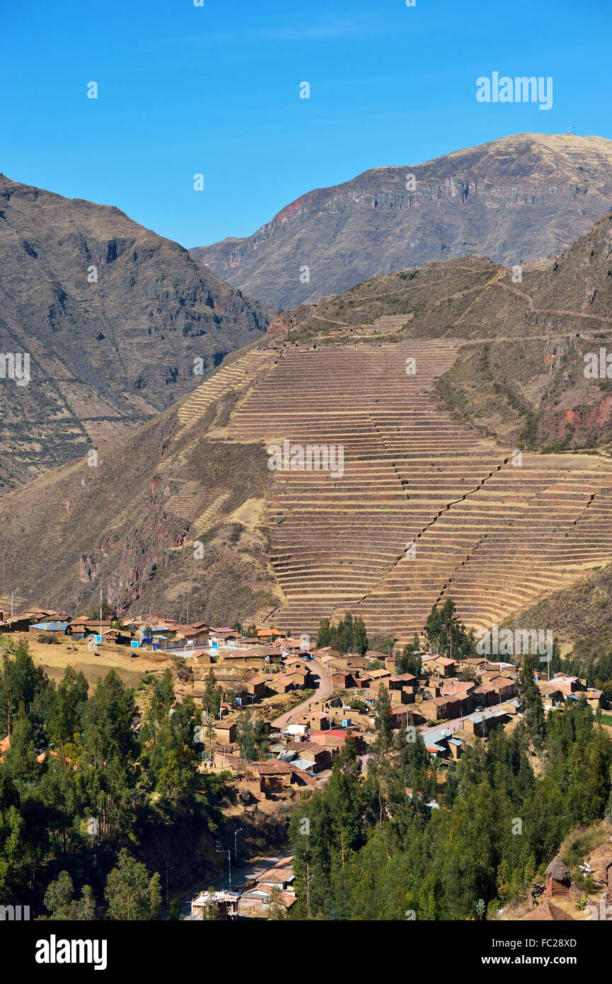 Terrazze Incas, Valle Sacra, Valle Sagrado, Pisac o Pisaq, Provincia di Cusco, Perù Foto Stock