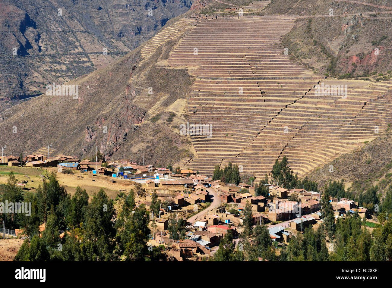 Terrazze Incas, Valle Sacra, Valle Sagrado, Pisac o Pisaq, Provincia di Cusco, Perù Foto Stock