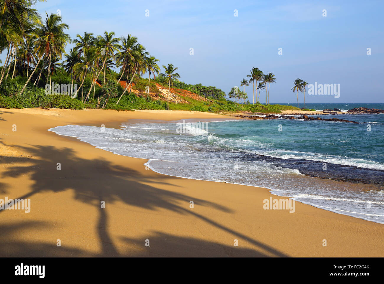 Spiaggia tropicale al tramonto con le ombre di Palm Foto Stock