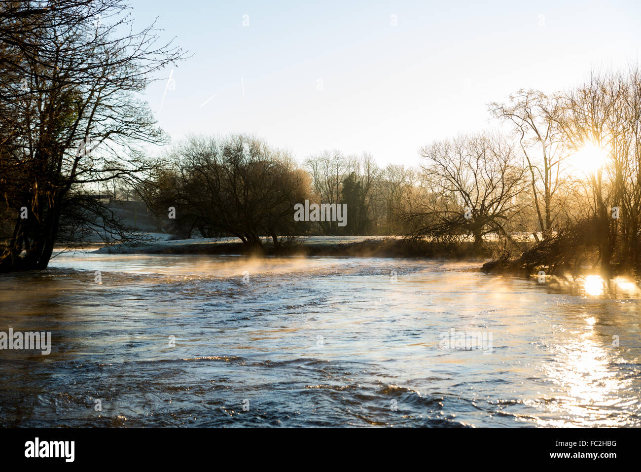 Llandysul, Ceredigion REGNO UNITO, 20 gennaio 2016, UK weatherMist sorge sul fiume tefi come il sole sorge dopo una notte fredda quando la temperatura è scesa a -4 in parti di Ceredigion. Credito: Steffan Llewelyn/Alamy Live News Foto Stock