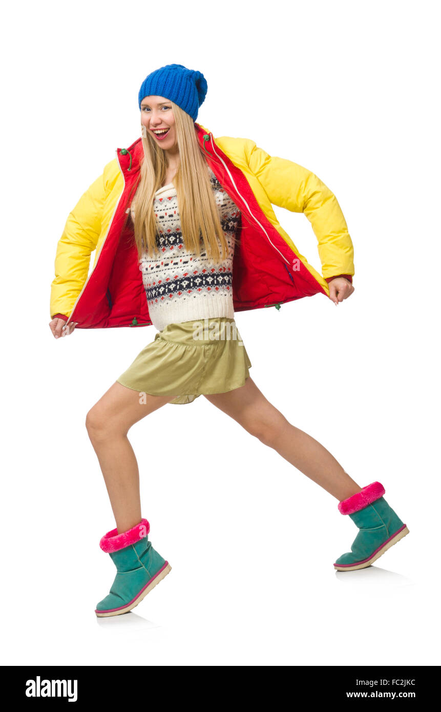 Una ragazza in bright abbigliamento invernale isolato su bianco Foto Stock