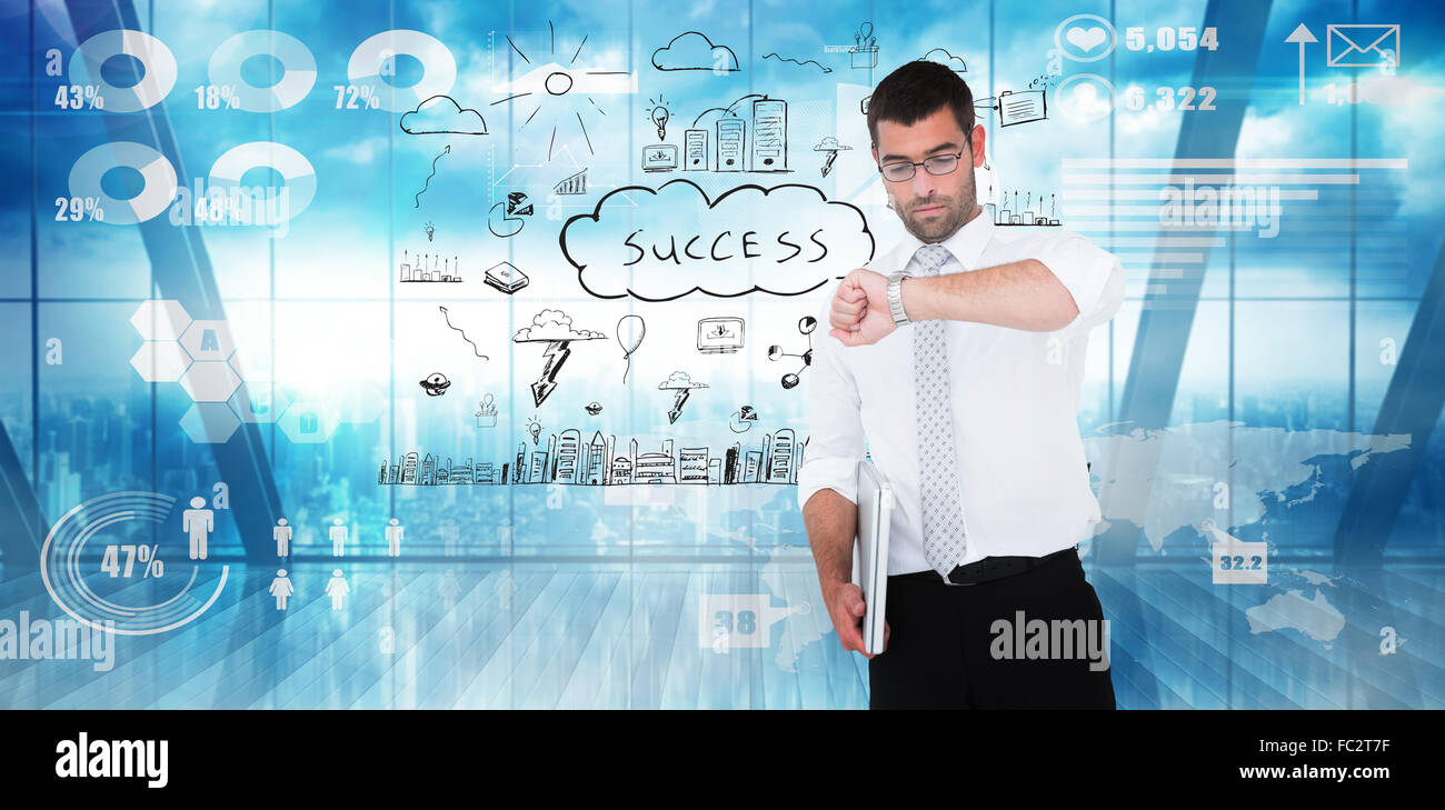 Immagine composita di grave imprenditore tenendo portatile il tempo di controllo Foto Stock