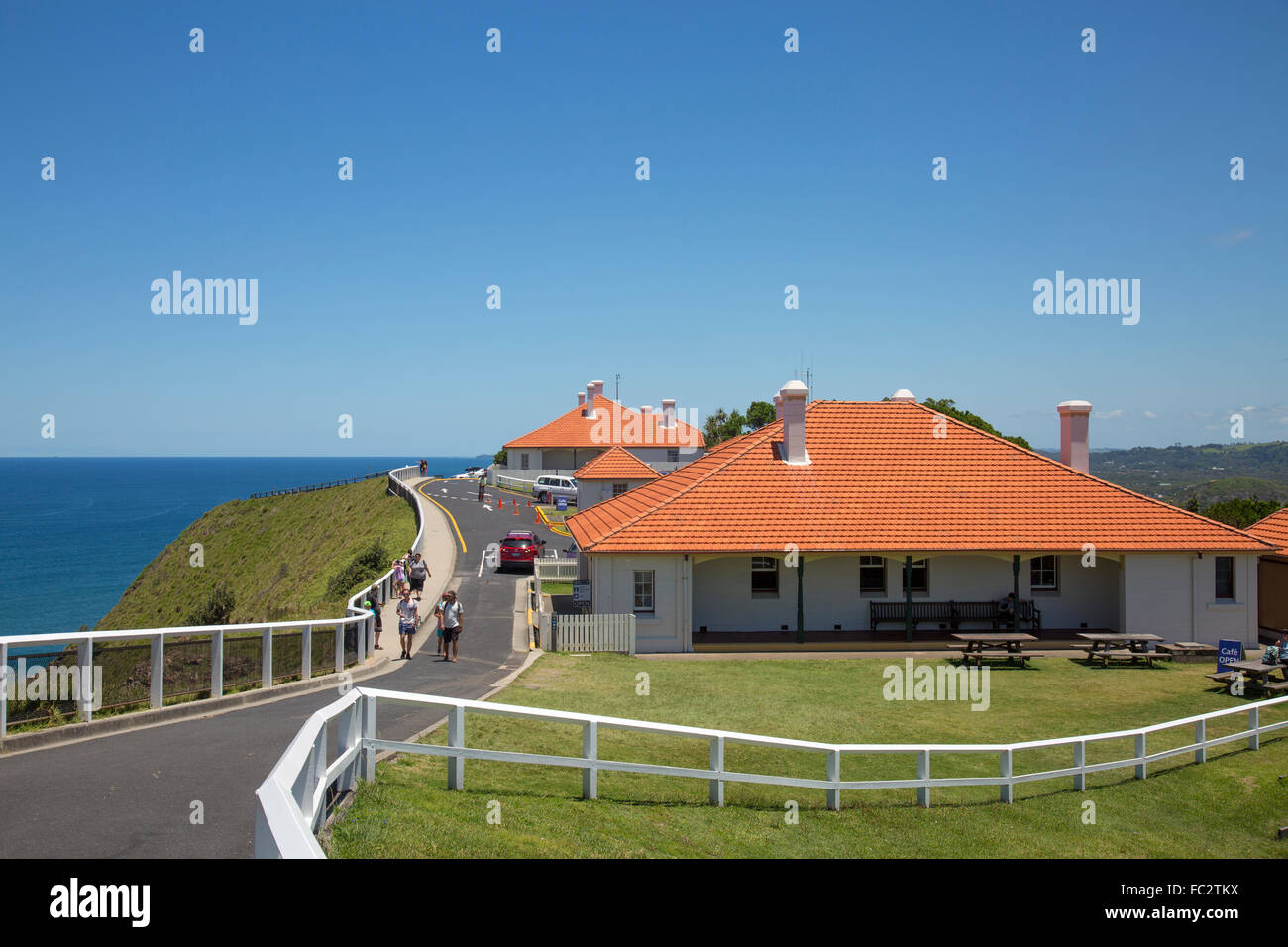 Ex guardiano cottages, ora centro visitatori al Byron Bay lighthouse, Nuovo Galles del Sud, Australia Foto Stock