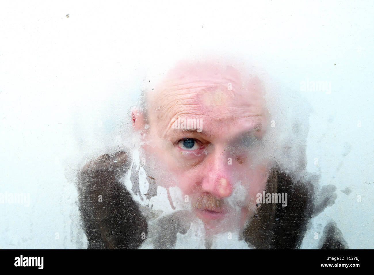 Uomo calvo del peering attraverso la finestra congelati nella nebbia di congelamento Foto Stock