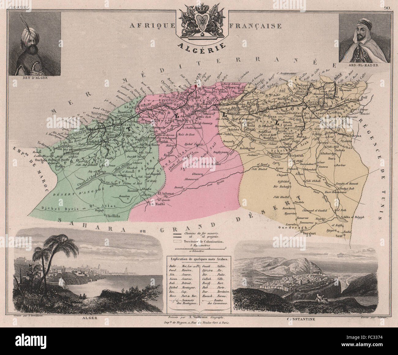 In Algeria. "Algérie'. Costantino. Dey d'Alger. Abd el-Kader. VUILLEMIN, 1879 Mappa Foto Stock
