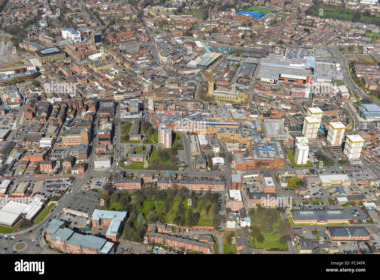 Una veduta aerea del centro città di Wakefield, West Yorkshire Foto Stock