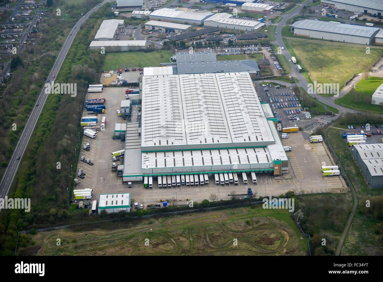 Una veduta aerea del Park Farm Industrial Estate di Wellingborough, Northamptonshire Foto Stock