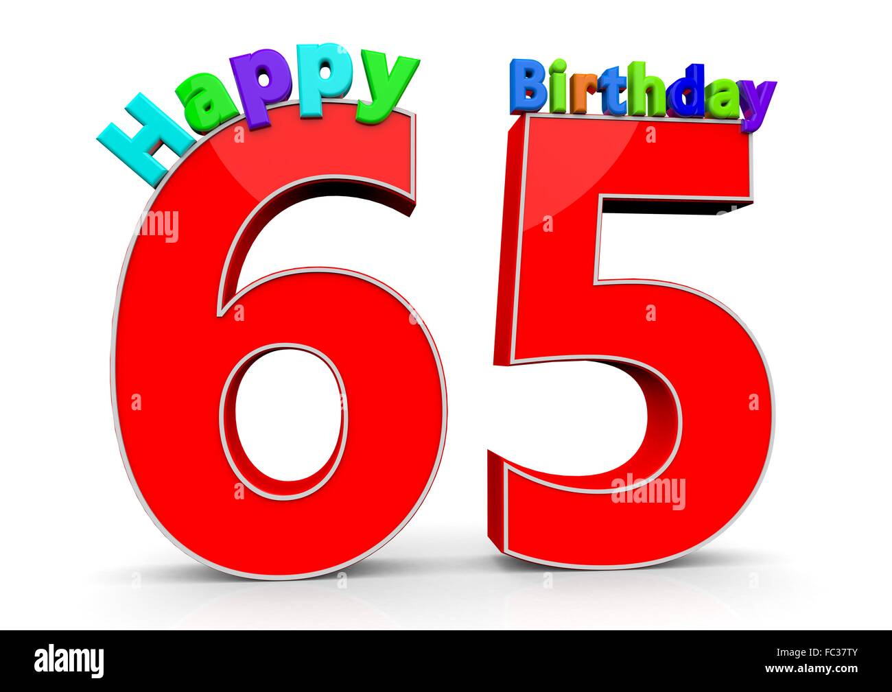 Die Zahl 65 mit Happy Birthday darauf Foto Stock