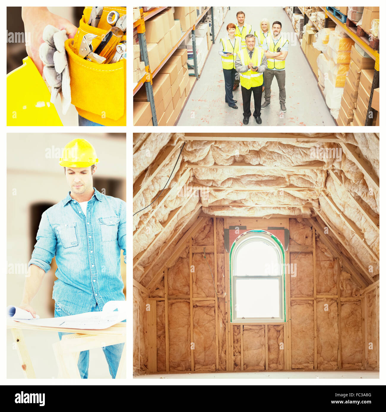 Immagine composita di architetto analizzando blueprint a tavola Foto Stock