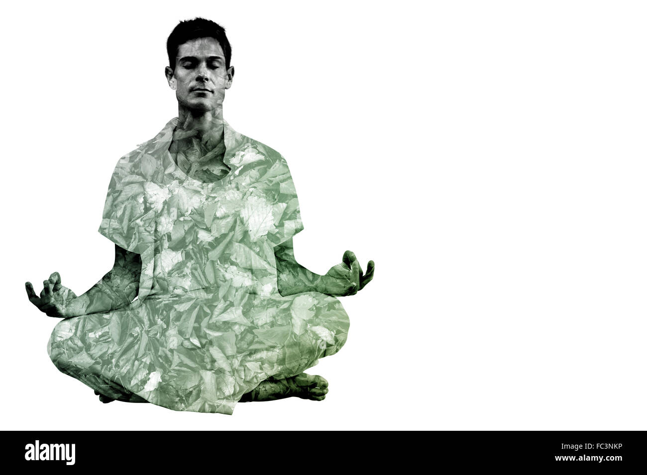 Immagine composita di uomo bello in bianco meditando in lotus pongono Foto Stock