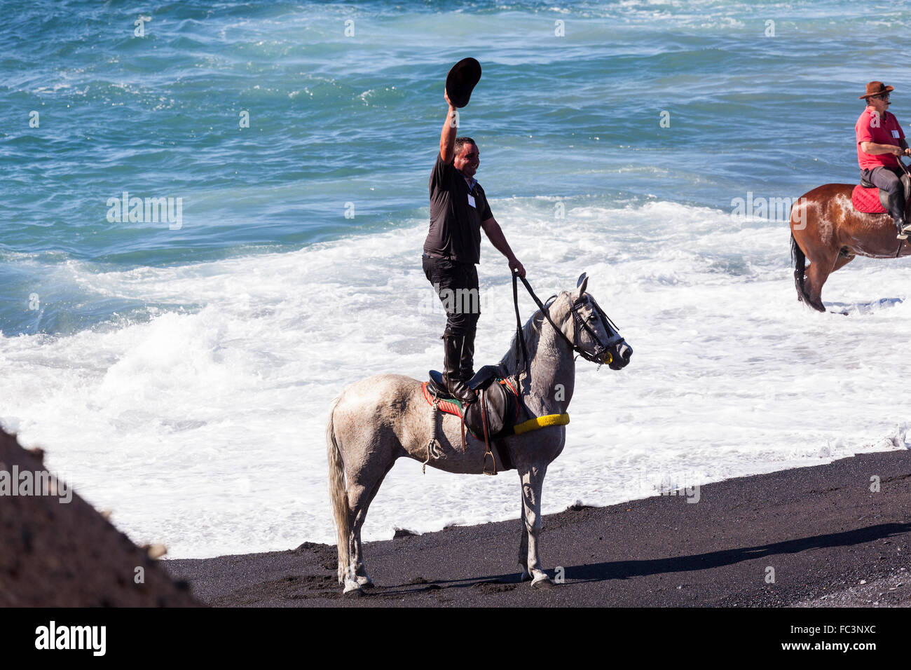 Costa Adeje, Tenerife, Isole Canarie. Il 20 gennaio 2016. Il rito annuale la balneazione dei cavalli nel mare di Playa La Enramada, La Caleta, come parte delle feste di San Sebastian. Ogni anno i cavalli hanno cavalcato nel surf e l'effigie di San Sebastian è portato giù alla spiaggia e gli animali vengono benedetti. Credito: Phil Crean/Alamy Live News. Foto Stock