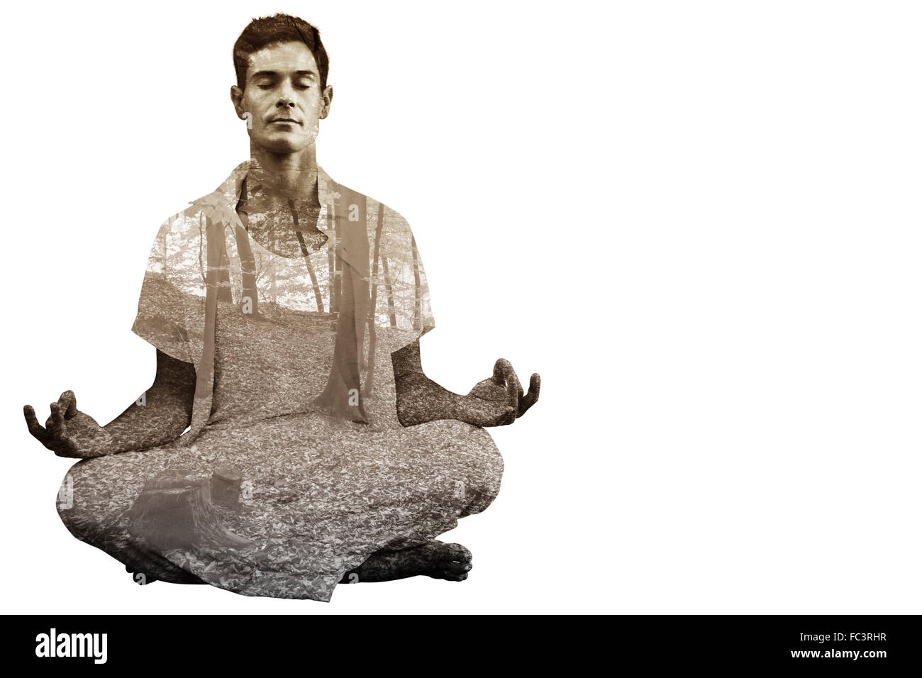 Immagine composita di uomo bello in bianco meditando in lotus pongono Foto Stock