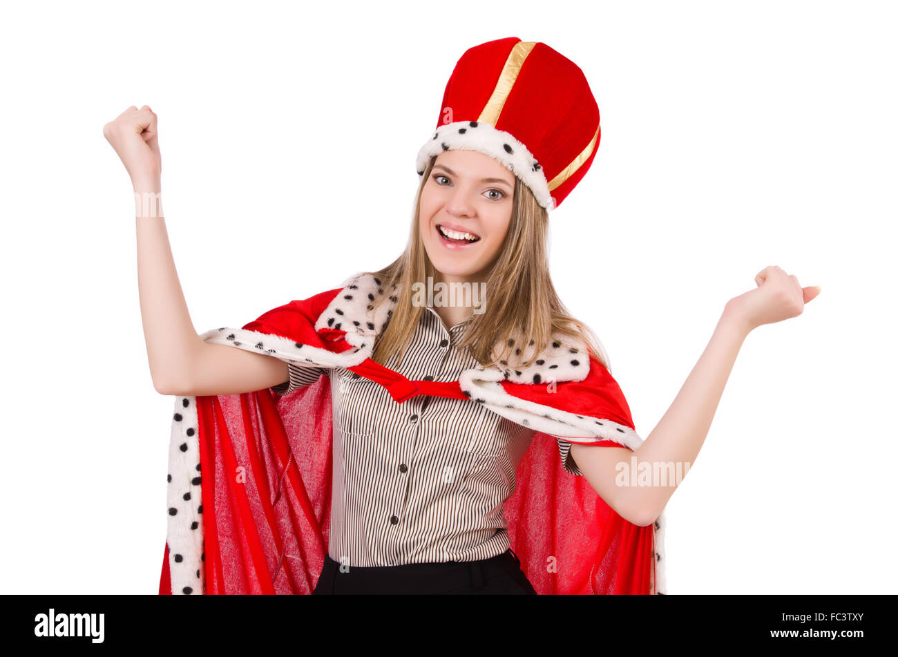 Bella donna che indossa la corona e il rivestimento rosso isolato su bianco Foto Stock