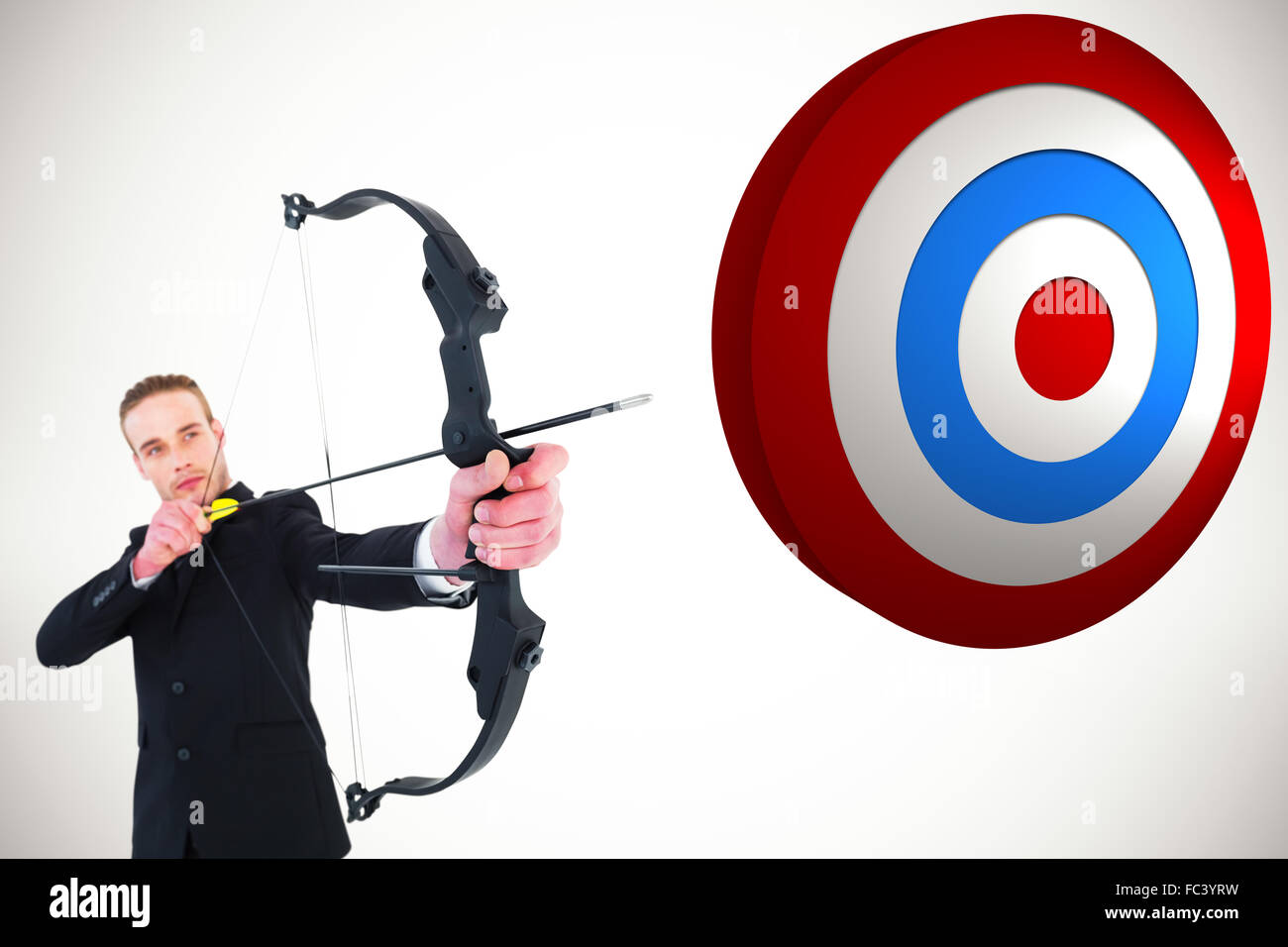 Immagine composita di concentrato di imprenditore la ripresa di un arco e frecce Foto Stock