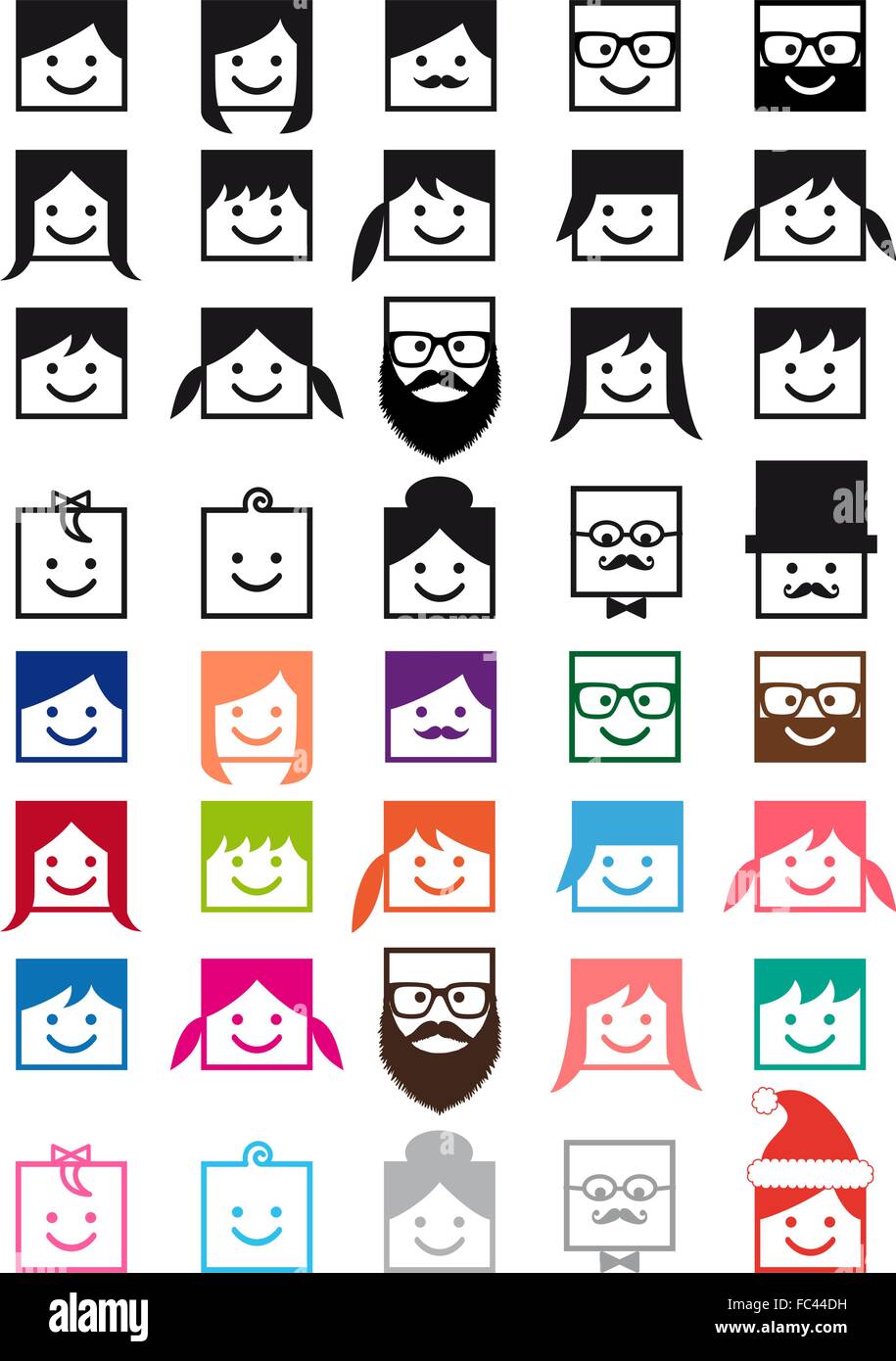 Quadrato piatto icona impostare, hipster persone, utente avatar, team o la famiglia, vettore Illustrazione Vettoriale