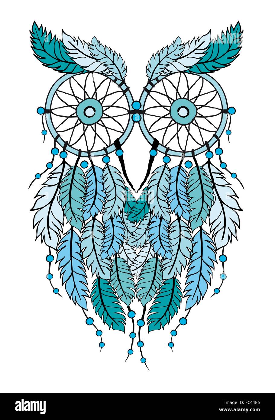 Tribale blu dreamcatcher owl, disegnati a mano illustrazione vettoriale Illustrazione Vettoriale