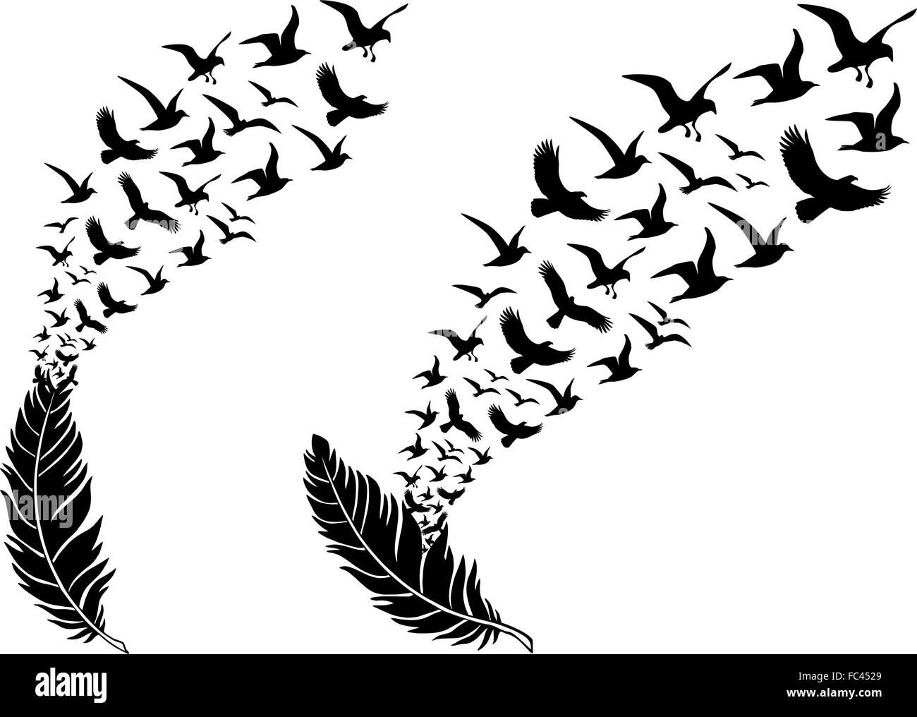 Piume con il volo libero uccelli, illustrazione vettoriale per un tatuaggio di parete Illustrazione Vettoriale