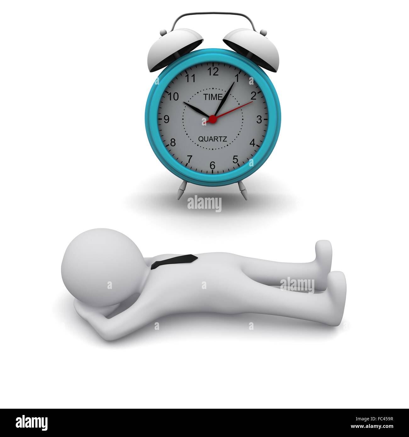3D uomo disteso sul pavimento accanto al grande orologio Foto Stock