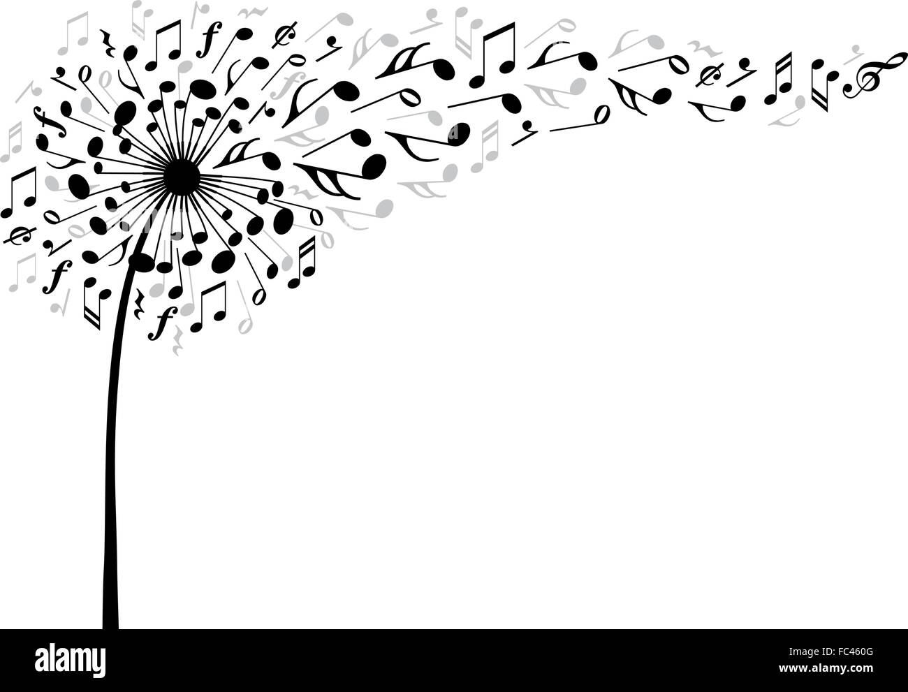 La musica di fiori di tarassaco con battenti note musicali, illustrazione vettoriale Illustrazione Vettoriale