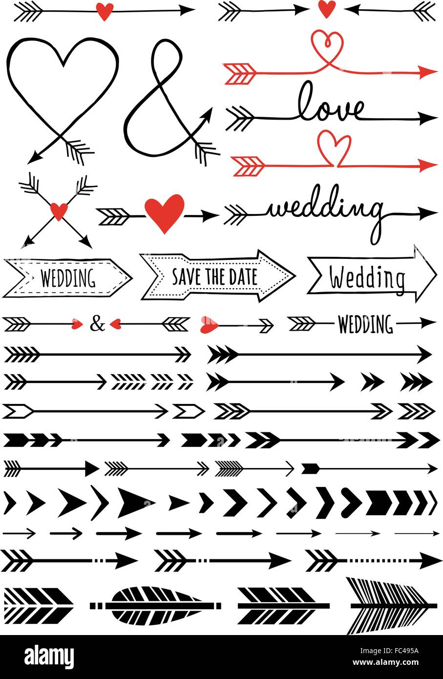 Disegnate a mano le frecce di nozze, set di vettore di elementi di design Illustrazione Vettoriale