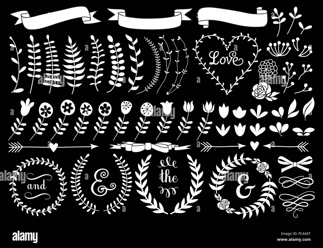 Bianco floreale vintage alloro impostato sulla lavagna, vettore di elementi di design Illustrazione Vettoriale